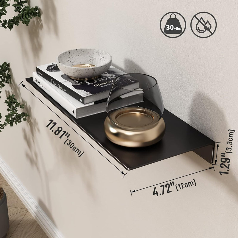 Heavy Duty Metal Floating Shelf - Sturdy Wall Mounted Storage Shelf For Bathroom, Kitchen, Office - No Drill Installation With Matte Black Finish