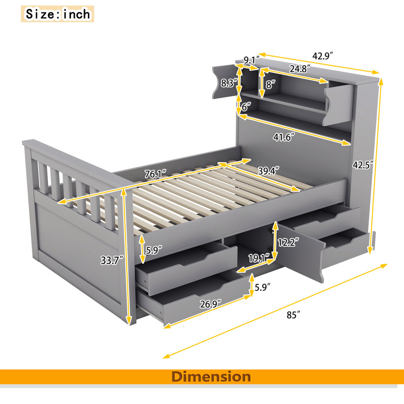 Twin Size Captain Platform Bed Frame With Storage Bookcases And Shelves,Four Drawers