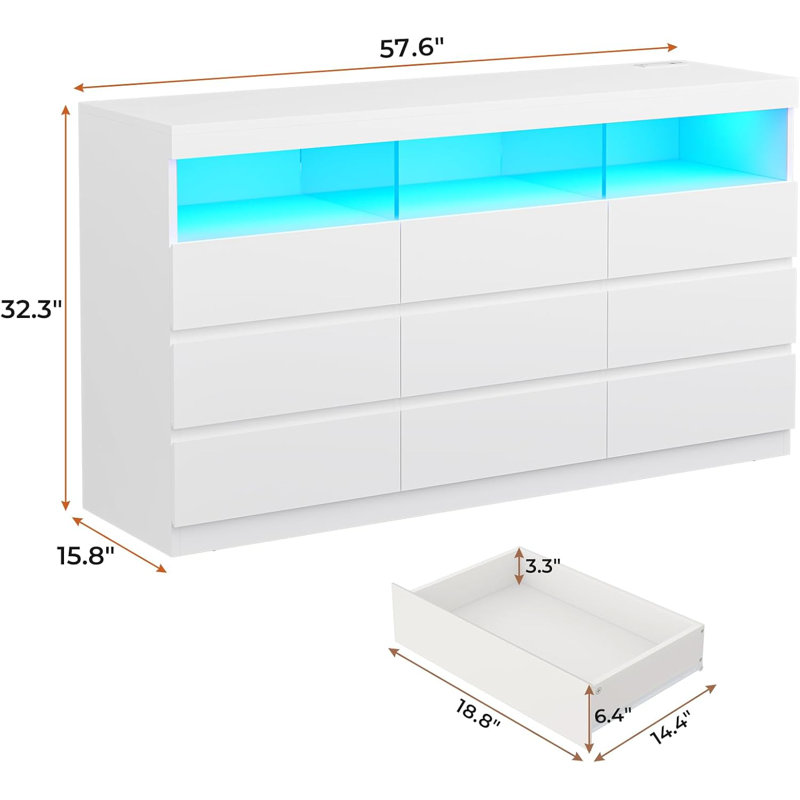 9 Drawer Dresser For Bedroom With Led Lights, Large Chest Of Drawers Handle Free, Modern Long Dressers With Charging Station,for Living Room,cloakroom,entryway