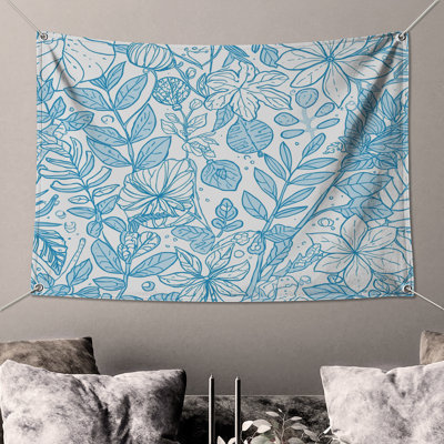 Blue Botanical Line Art Wall Tapestry - Floral Wall Decor