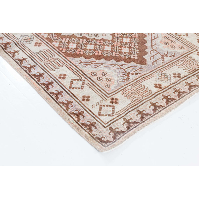 Tapis vintage en laine beige / brun / rose Mid-20Th Century Samarkand Vintage 4 pi 2 po x 5 pi 9 po