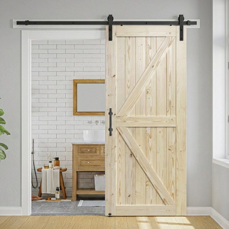 Porte de grange à panneaux en bois massif sans finition avec quincaillerie d'installation, 42 po x 80 po