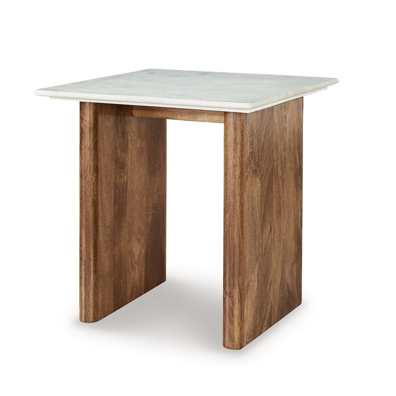 Light Brown and White Mango Wood End Table with Marble Top
