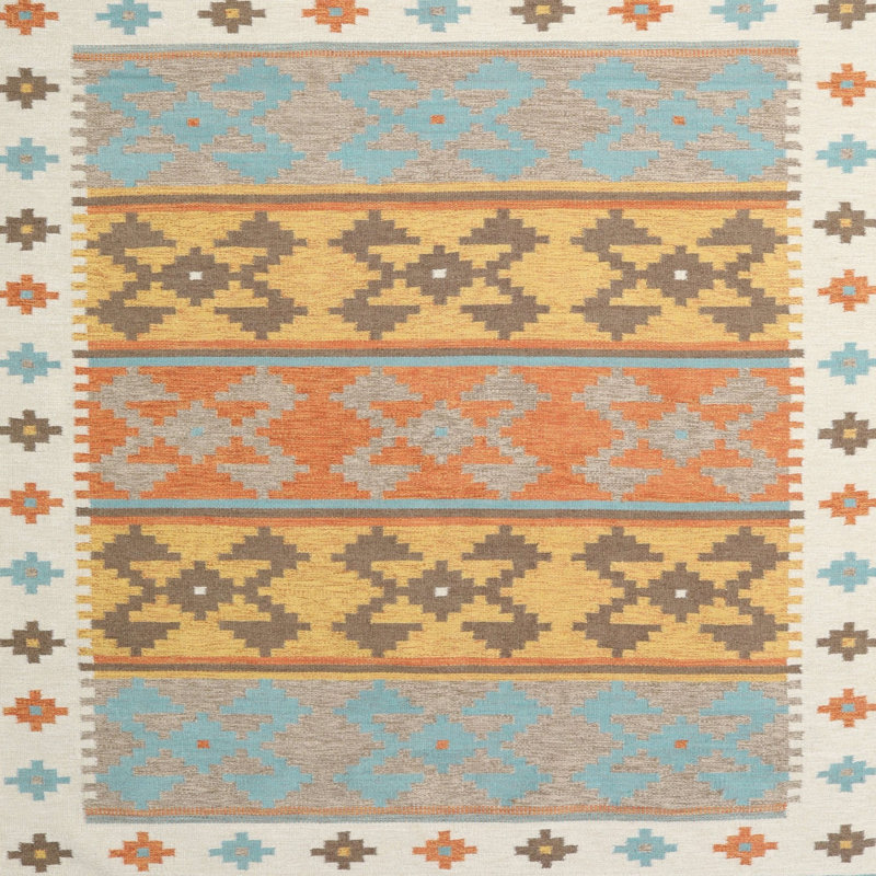Tapis contemporain gris / jaune / rouge, Carré 7 pi