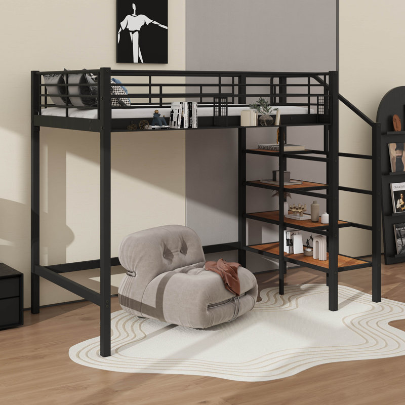Lit mezzanine en métal robuste avec tablette de rangement supérieure en filet et échelle latérale, Noir