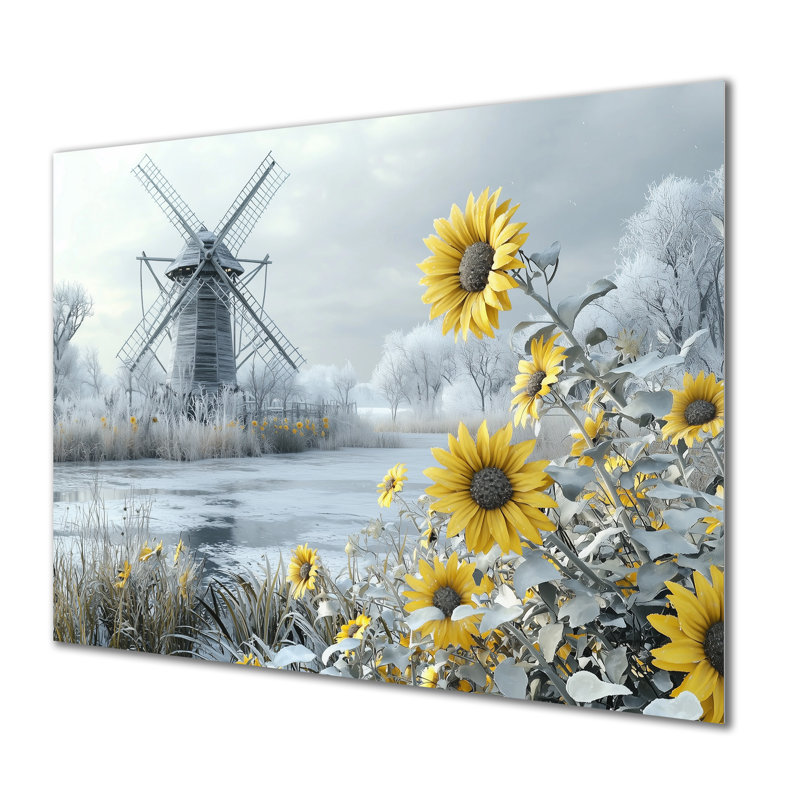 Tournesols et moulin à vent gelé - Moulins à vent, impression sur métal, H 12 po x l 20 po