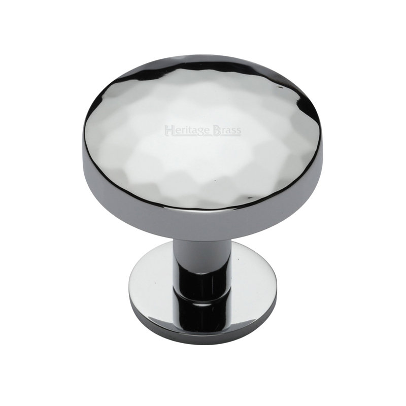 Heritage Brass Cabinet Knob Round Hammered Design with Rose, Polished Chrome, 32mm