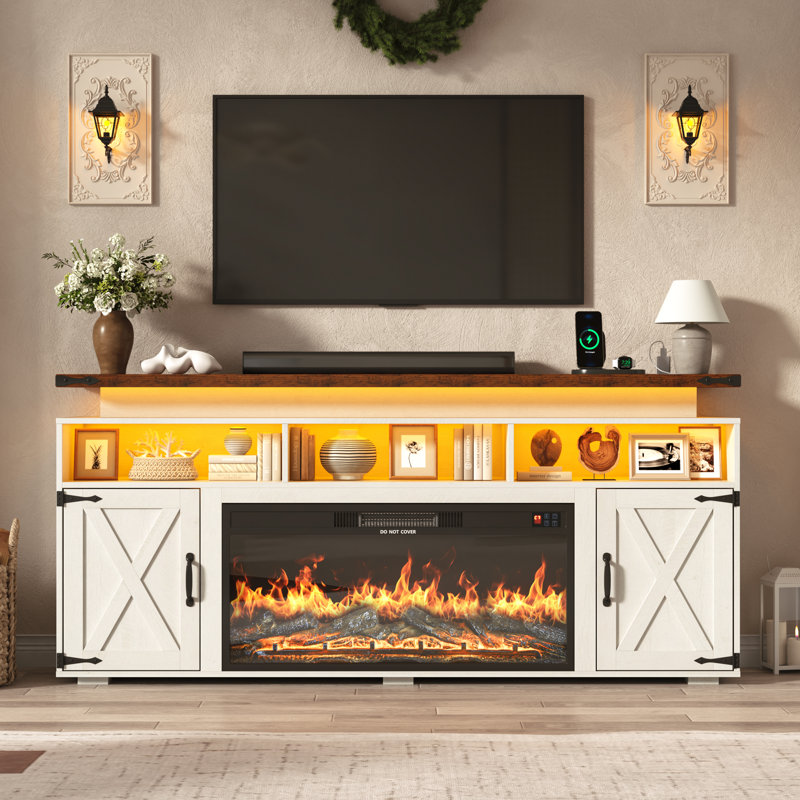 Meuble télé de style ferme avec foyer électrique de 91 cm (36 po) pour téléviseur de 75/80 po, centre multimédia de 81 cm (32 po) de hauteur avec éclairage DEL et prise de courant, console multimédia rustique avec porte de grange pour salon