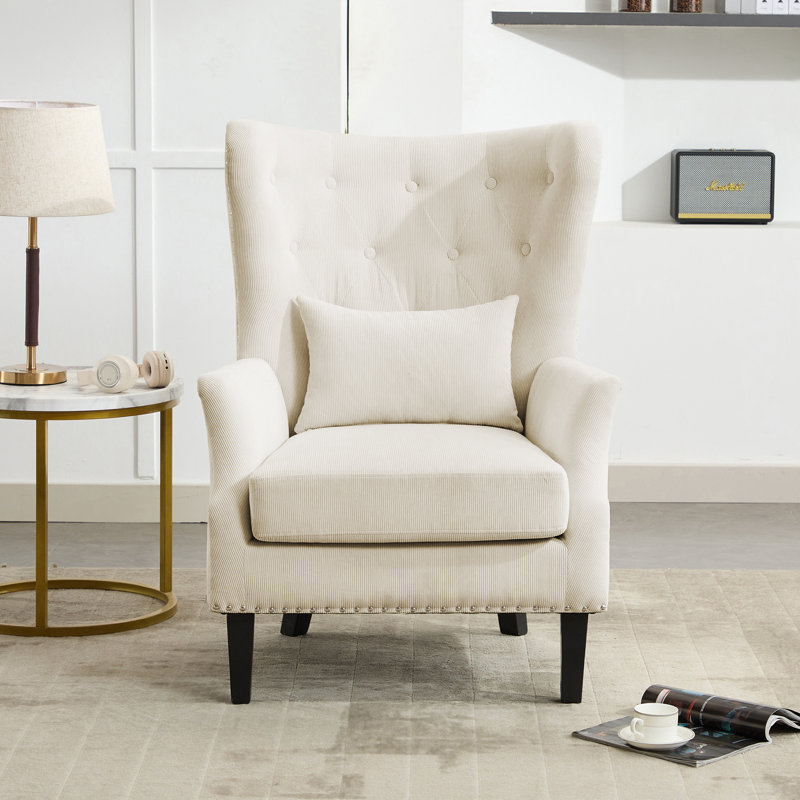 Ensemble de 2 fauteuils à oreilles capitonnés 31,5 po avec structure en bois massif et pieds en bois d'hévéa, 1