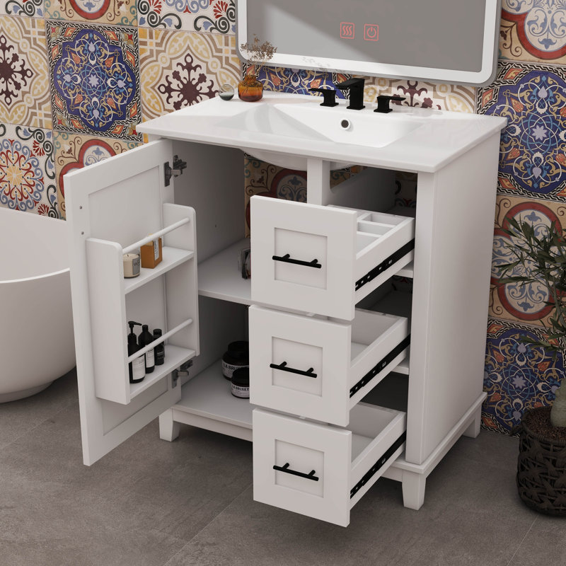 Meuble-lavabo de salle de bain tendance de 30 pouces avec une porte en céramique et des supports de rangement, Blanc