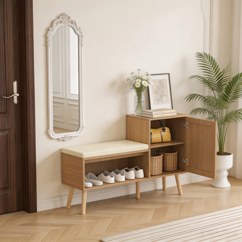 Banc de rangement à chaussures 2 en 1 avec armoire en rotin, banc d'entrée avec étagères réglables et coussin amovible – Organisateur de chaussures moderne pour couloir, chambre et vestibule