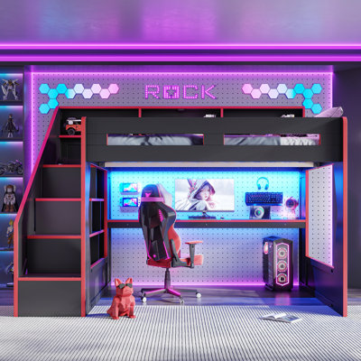 Lit mezzanine de jeu Queen Size avec escalier de rangement, éclairage DEL, bureau avec chargeur USB et étagères ouvertes, design en forme de maison, noir et rouge