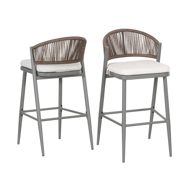 Ensemble de 2 tabourets de bar d'extérieur à structure en métal à hauteur d'assise 30,25 "avec dossier en PE en rotin