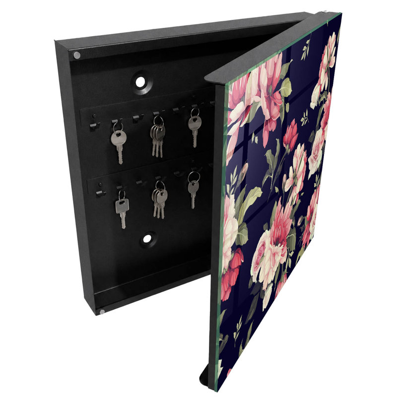 Decorative key box for wall, Opens to the left, 30x30x5, Black, Effective flowers on a dark background, 