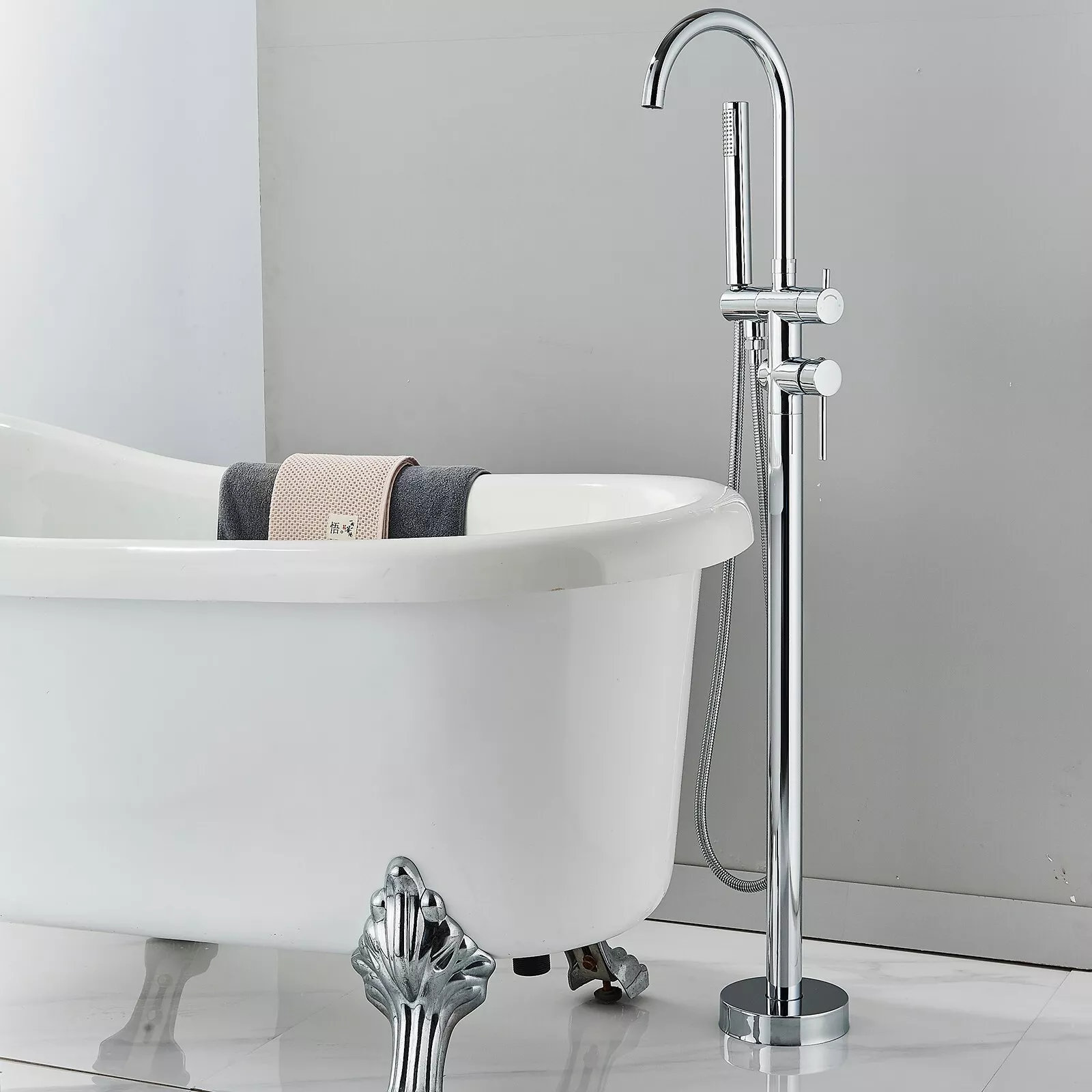 Nabiyy Chrome Bathroom Bathtub Faucet Floor Mounted Free Standing Tub Filler with Spray | Wayfair