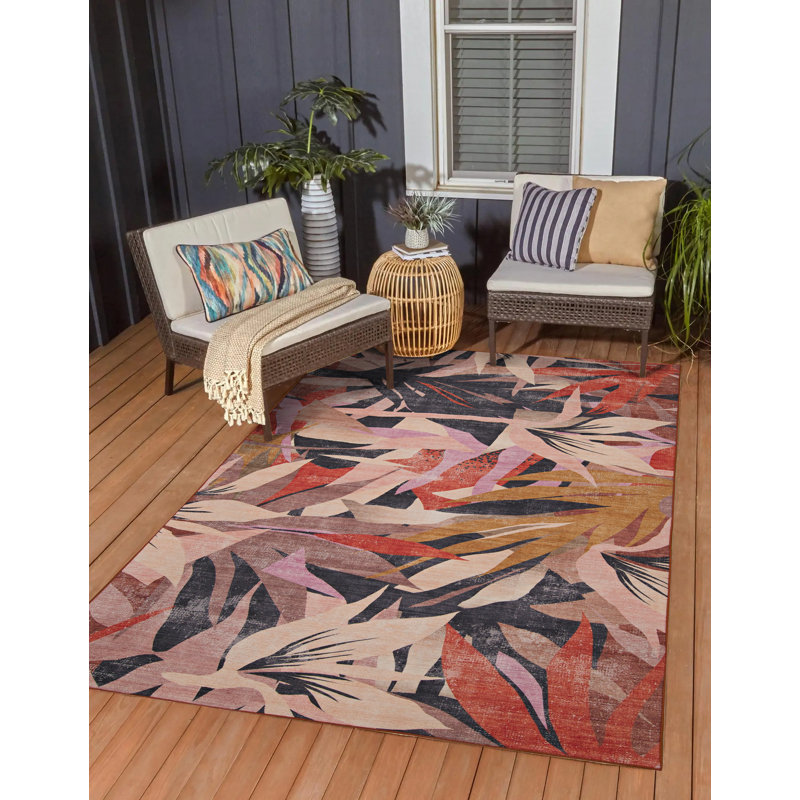 Tapis orange lavable floral Kivett, Rectangle 5 pi x 7 pi
