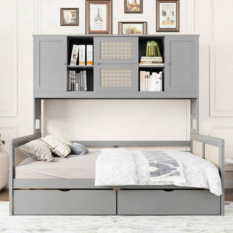Wooden Daybed With 2 Drawers, And All-In-One Cabinet And Shelf, Gray, Full/Double