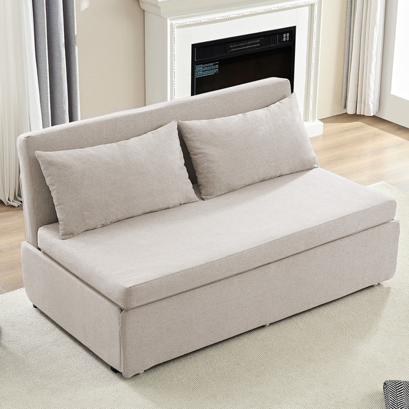 Armless Convertible Sofa Bed with Reversible Chaise & Linen Fabric, Beige