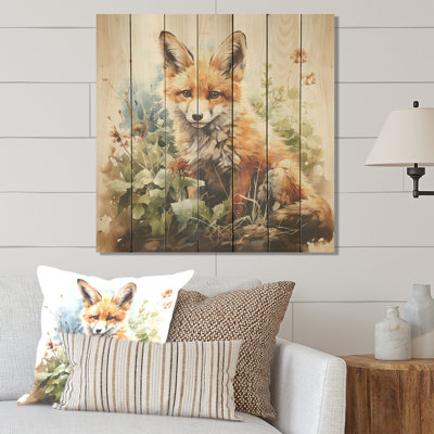 Minimalisme, portrait de renard en fleurs I - animal renard sur bois