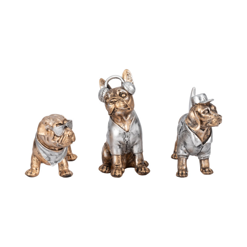 Trinx 3-Pieces Polyresin Cool Dogs Decor Figurines, Gold