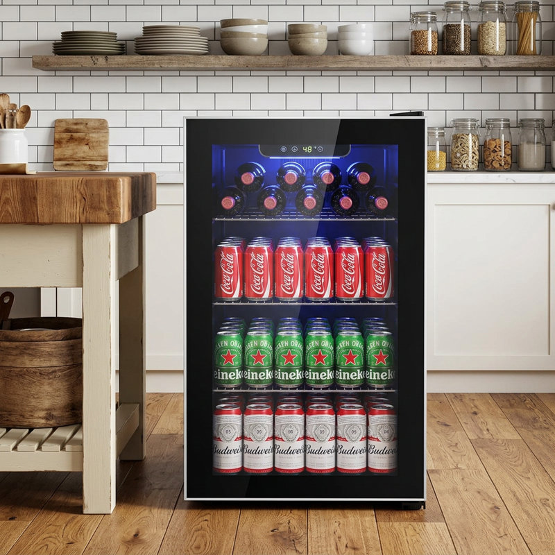 17.3'' W 3.2 Cu.ft Beverage Refrigerator with Fan-Cooling System, 26 Bottle/113 Can Capacity, Touch Control, 32-61℉, Removable Shelves, Low Noise (<38dB)