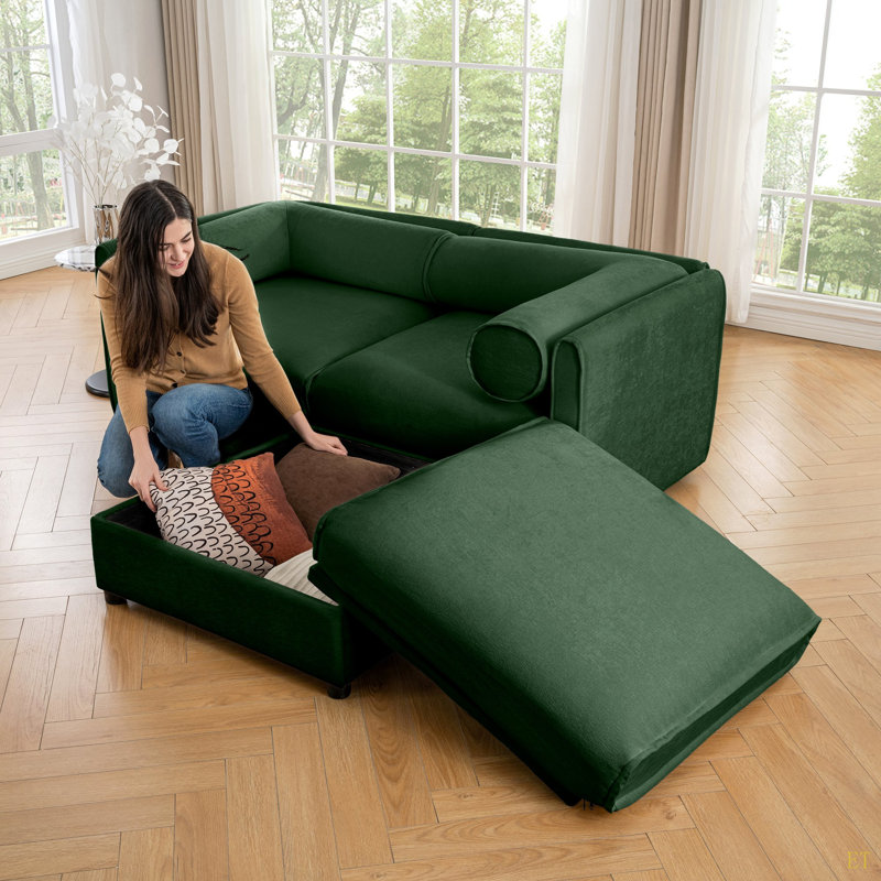 Élégant canapé 2 places en chenille avec siège de rangement repose-pieds, dossier cylindrique et accoudoirs, causeuse moderne en tissu avec espace de rangement caché