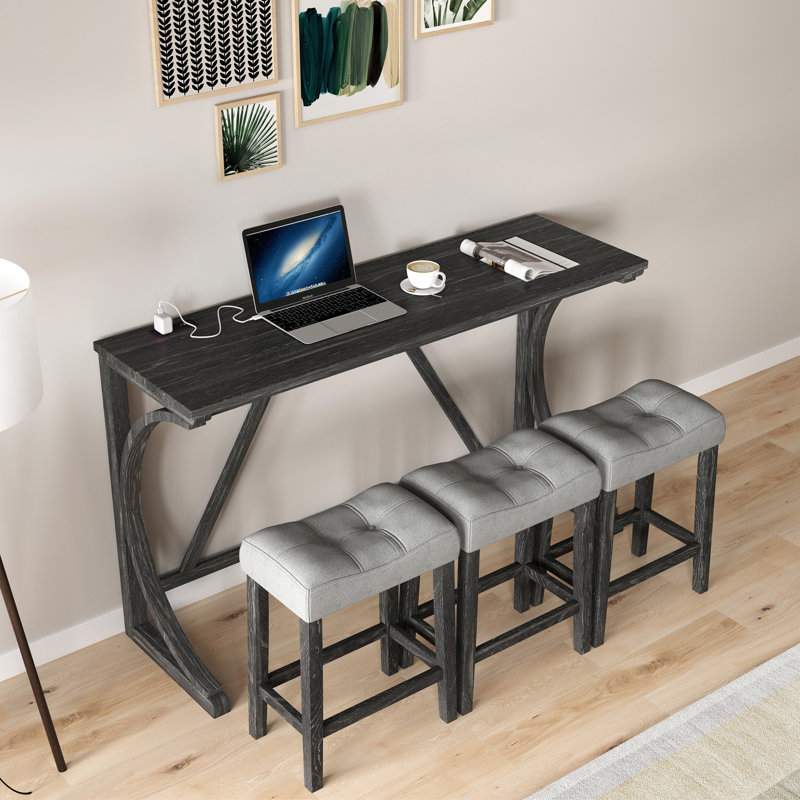 Bar Table And Chairs Set With Power Outlet, Black