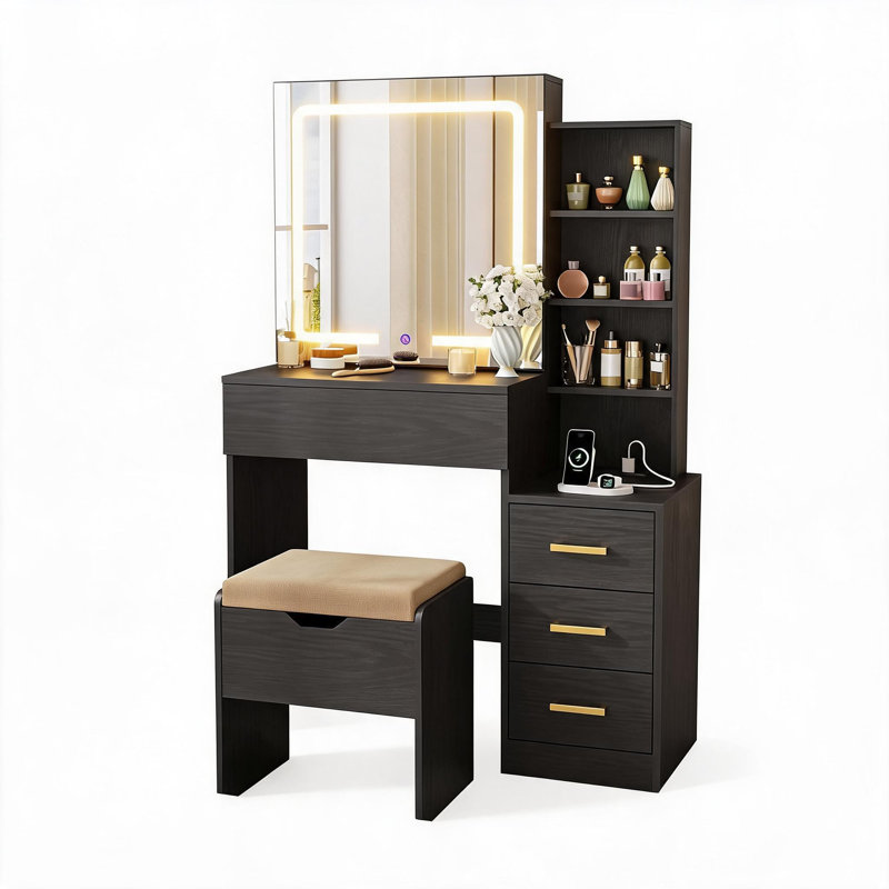 Meuble-lavabo moderne pour salle de bain avec miroir coulissant éclairé 4 tiroirs et 7 tablettes de rangement