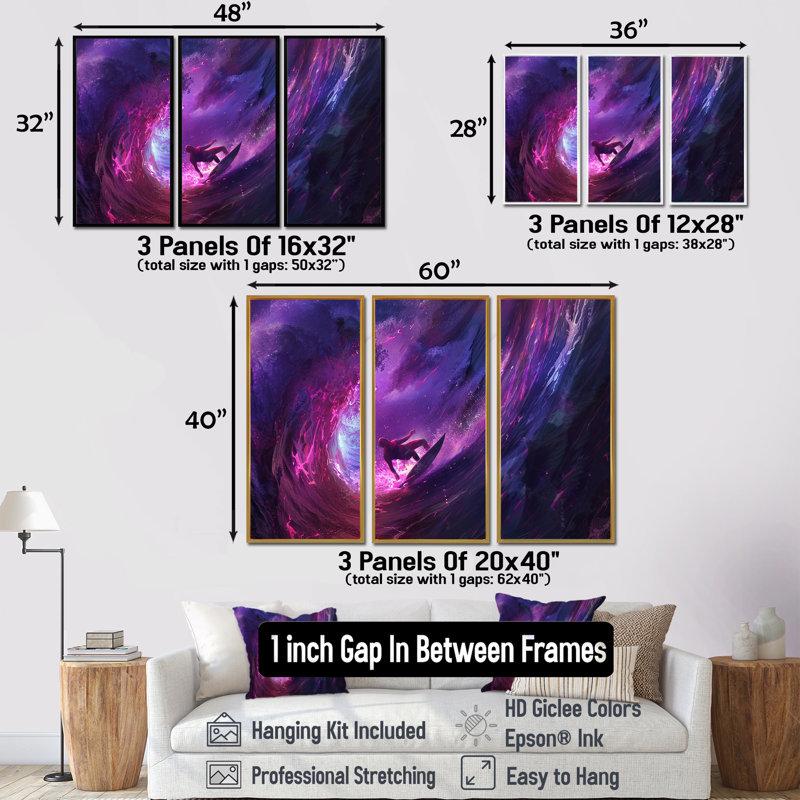 Ensemble de salon Surfeur au milieu du coucher de soleil mauve - Surf Wall Art, Cadre flottant doré