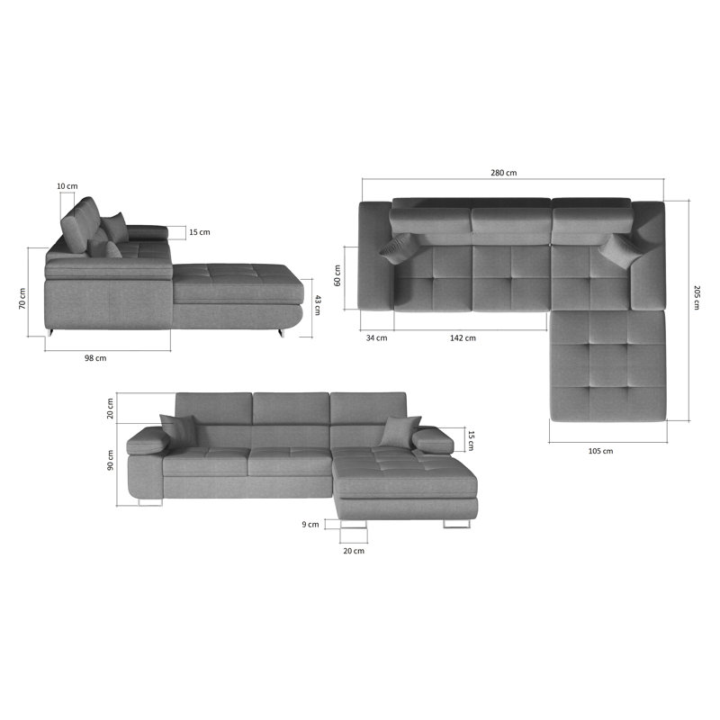 Geers 3 Seater Sofa Bed, White, Left Hand Facing, 90 cm H x 280 cm W x 205 cm D