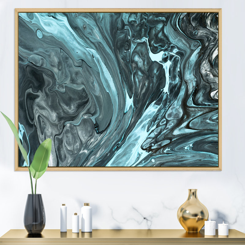 Gris et turquoise liquide, art abstrait sur toile, H 25 po x l 33 po x P 1 po, Cadre érable