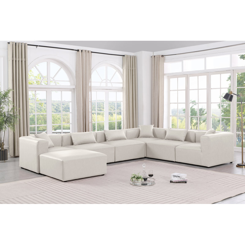 Canapé modulaire en similicuir de 7 pièces Ivion, Cuir crème végétalien