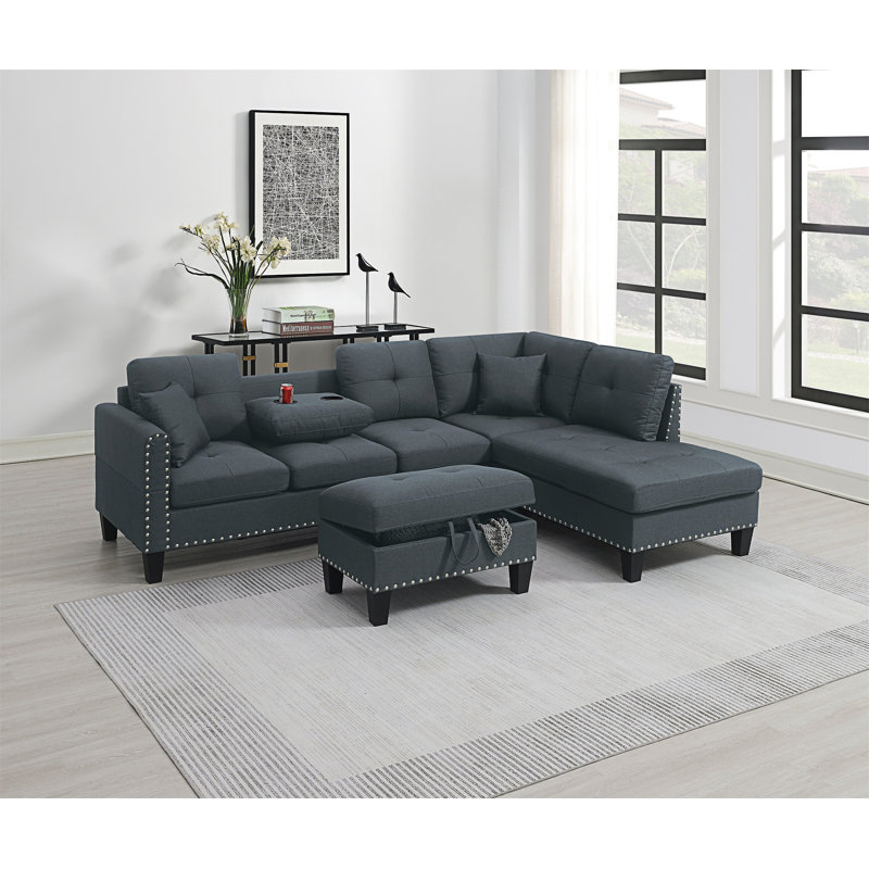 Living Room Furniture 3-PCS Sectional Sofa Set LAF Sofa RAF Chaise And Storage Ottoman Cup Holder  Linen-Like Fabric