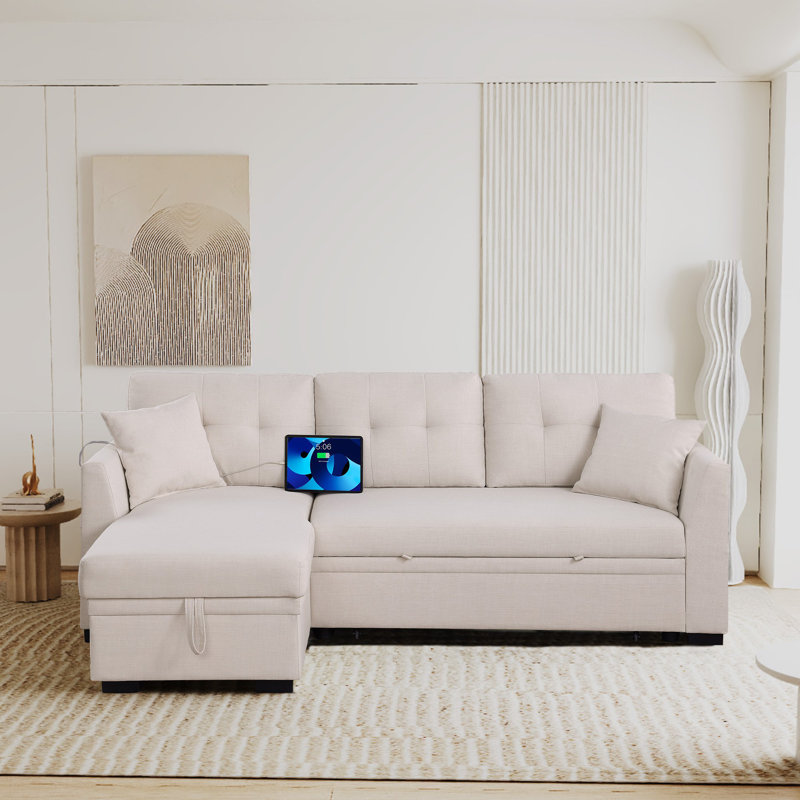 81'5" Convertible Sleeper Sectional Sofa With Pull-Out Bed with USB and Side Pockets, Beige Chenille