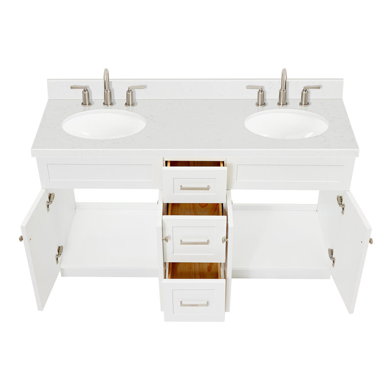 Meuble-lavabo double autoportant 60 po avec plateau en quartz Abell, Blanc