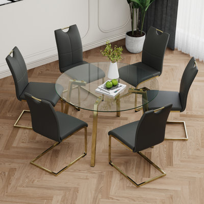 Table ronde en verre de style moderne, conception transparente élégante, base de support durable, ensemble de chaises de salle à manger en polyuréthane gris anthracite, pieds de chaise plaqués or, convient aux cuisines de restaurant (ensemble de 7)