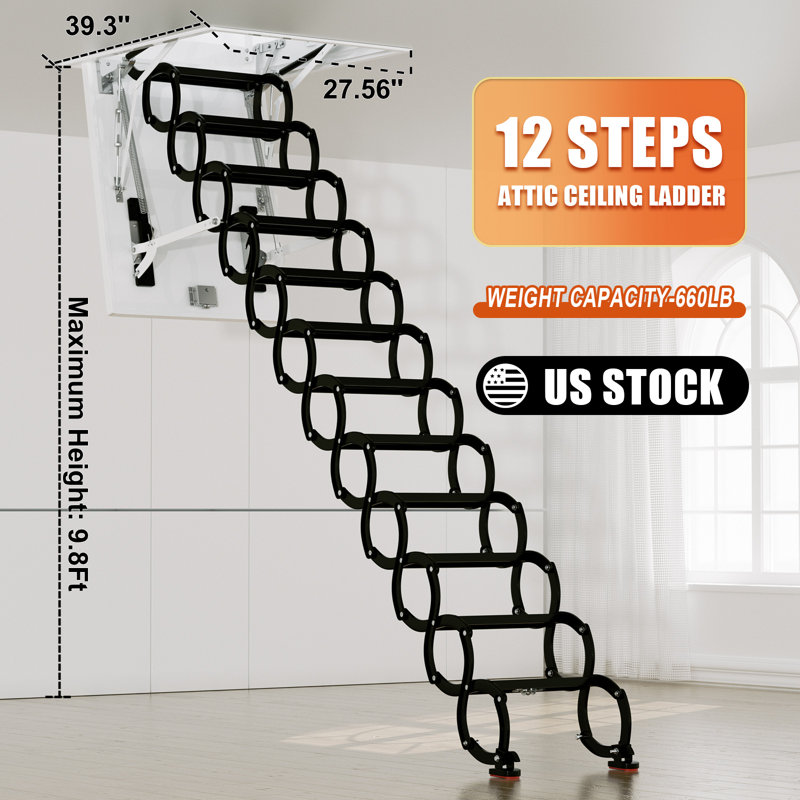 9.84 Ft 12 - Step Steel Folding Attic Step Ladder