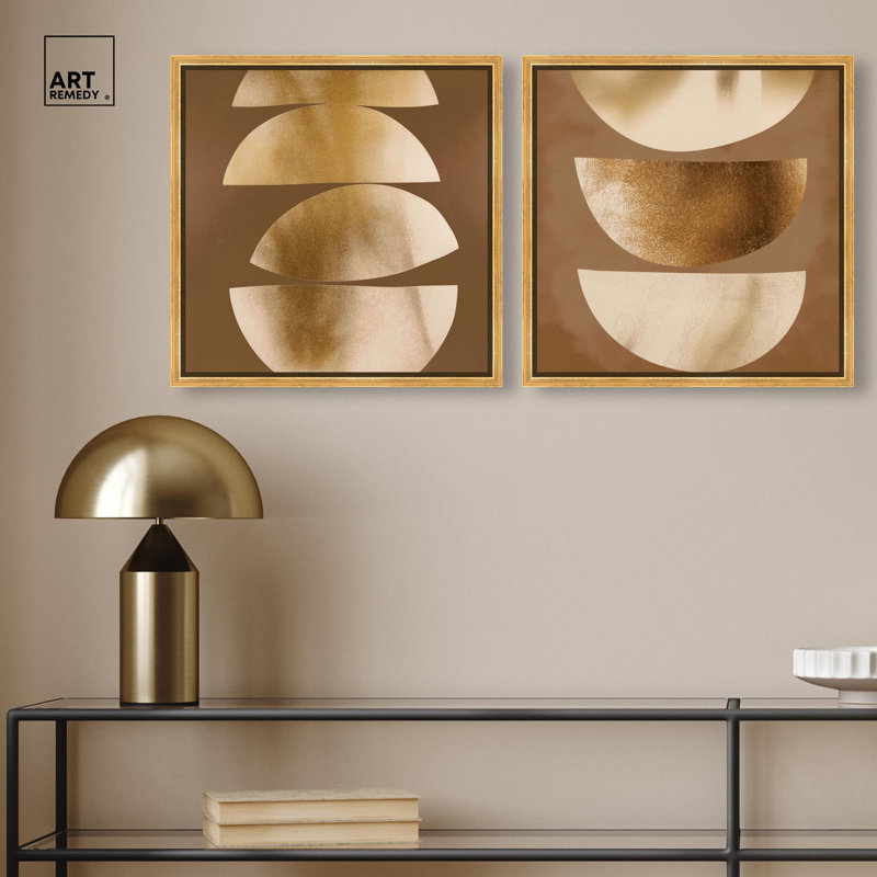 Gold Crescents Diptych Canvas Print Beige Wall Decor Set by Art Remedy, Black Frame, 12 x 12, 40" H x 40" W