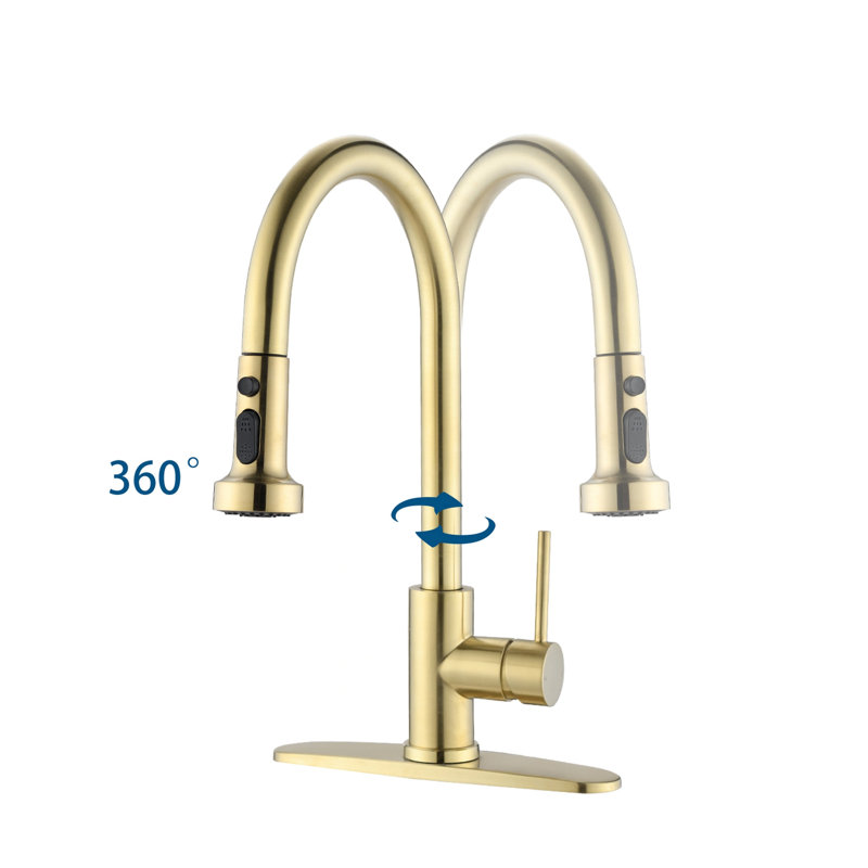 Robinet de cuisine rétractable en acier inoxydable avec distributeur de savon, Avec distributeur de savon, Or brossé