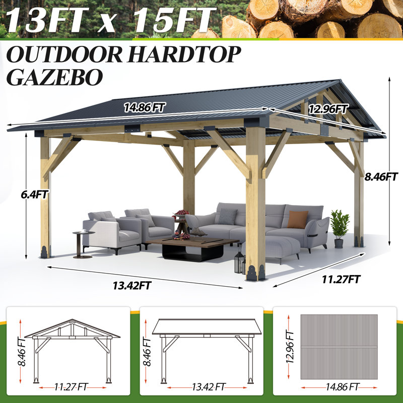 Outdoor Heavy Duty Wooden Gazebo with Galvanized Steel Hardtop Gazebo, 15' W x 13' D