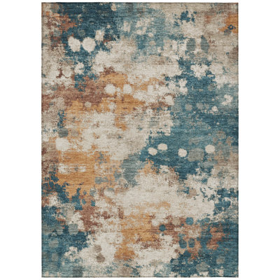 Machine Washable Indoor/Outdoor Xhevrie Teal Rug