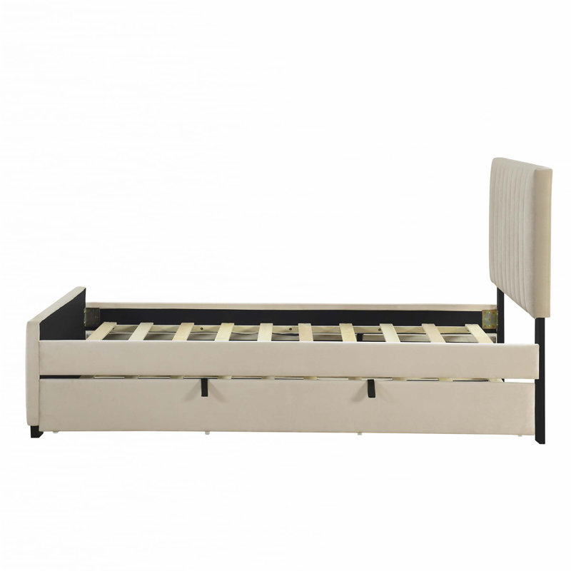 Lit plateforme tapissier en velours avec lit gigogne simple, Beige, Simple