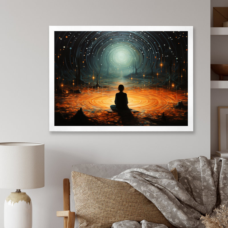 Orange Teal Meditation Stillness Within Pointillism - Spiritual Canvas Wall Art, H 24 po x l 32 po, Cadre photo blanc