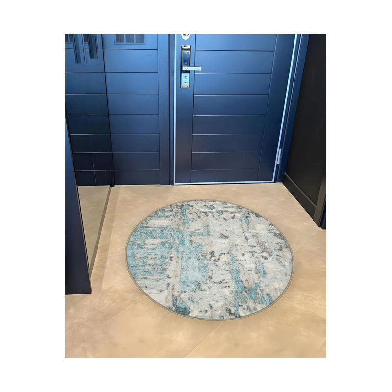 Tapis décoratif moderne bleu à motif abstrait tissé, Rond 2 pi 8 po