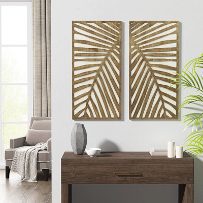 Two-Tone Wood Panel Wall Decor With Leaf Decorative Feature Decor, Of 2 Panels