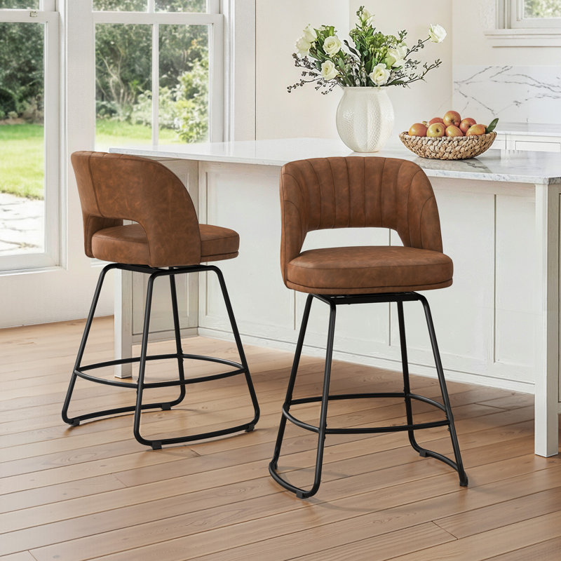26''H Swivel Barstools With Seld Metal Legs, 2, Brown