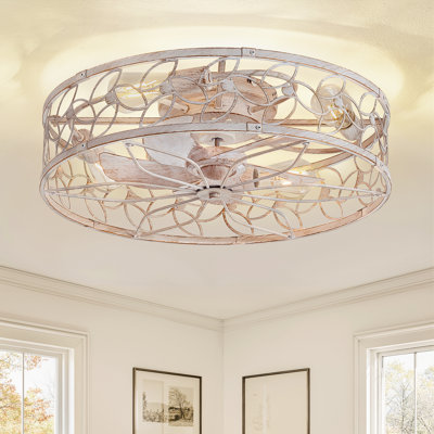 Abram 23" White & Gold Flush Mount Farmhouse Caged Ceiling Fan with Light Kit and Remote Control for Bedroom/Living Room/Kitchen/Dinning Room