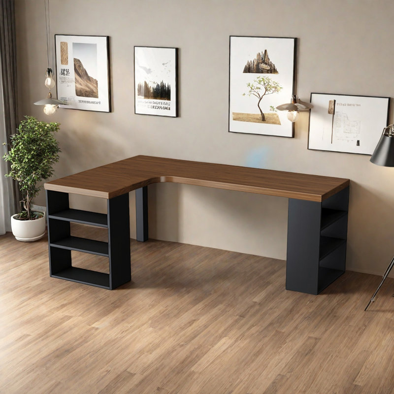 Bureau en L en bois massif avec bibliothèque, H 29,53 po x l 62,99 po x P 47,24 po
