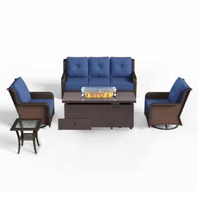 5 Pieces Outdoor Wicker Swivel Chair Set with 50000BTU Fire Pit Table, All-Weather Outdoor Patio Furniture Set for Garden, Backyard, Porch, or Balcony