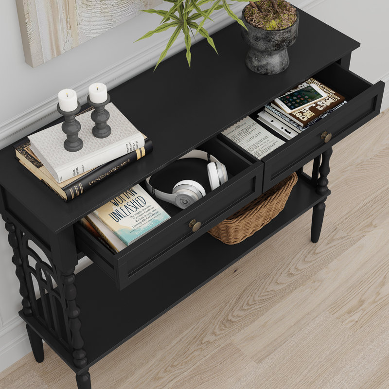 Console à 2 tiroirs Gothic Arch, table d'entrée vintage avec tablette de rangement ouverte, Noir